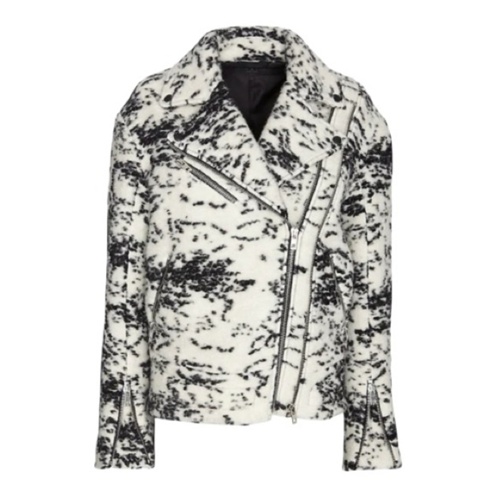 Rag & Bone Monaco Black & Cream Wool Blend Off Center Zippers Motorcycle Jacket